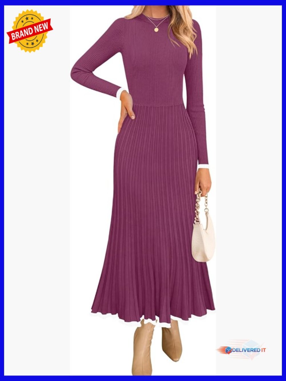 Long Sleeve Ribbed Knit Sweater Dress A-Line Maxi Wedding Guest